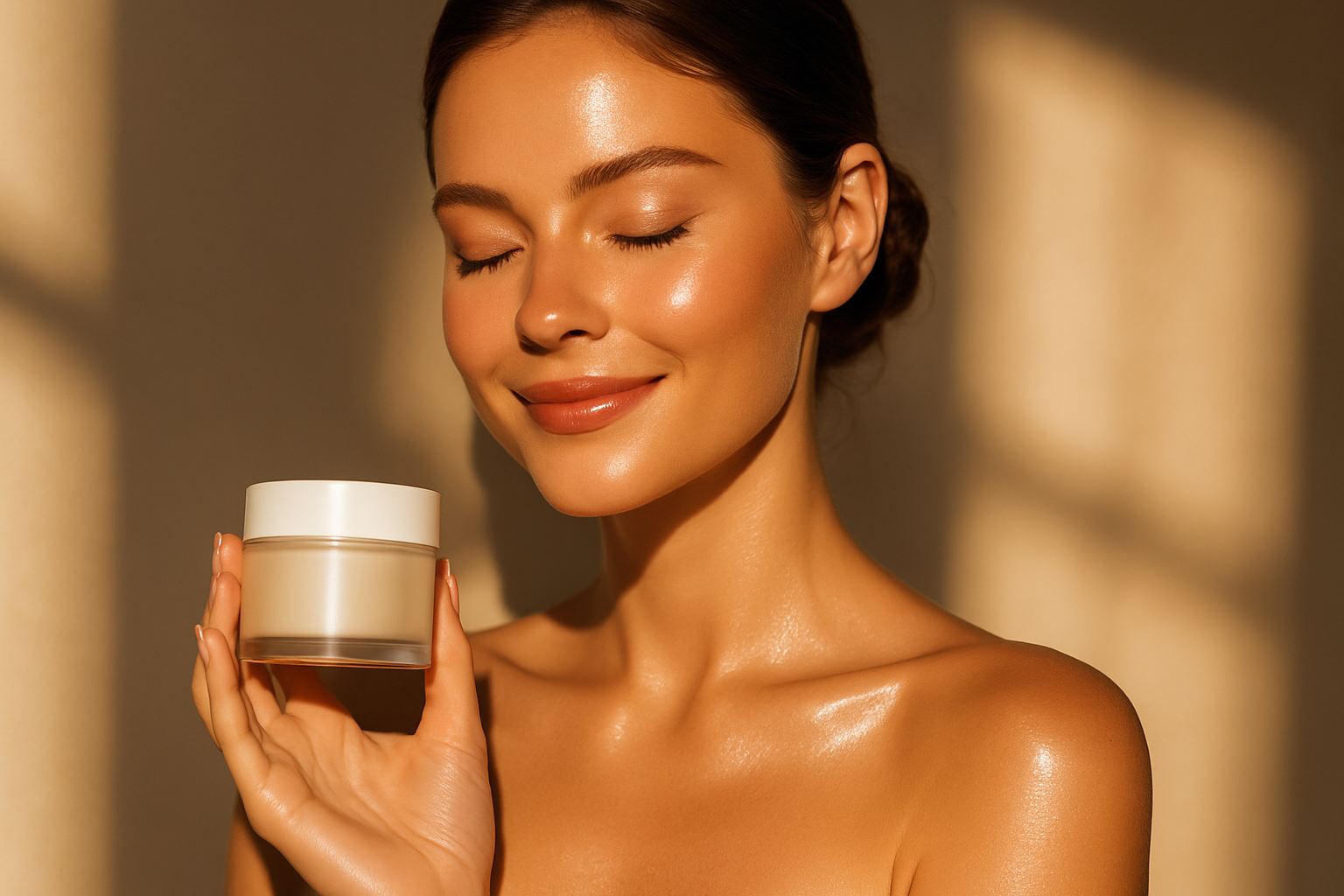 girl with baby skin showing skin care product with sunlight lighting up her face